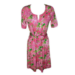 Lilly Pulitzer Women's Size 0 Dress Pink Floral Tie Waist 100% Silk Jers…